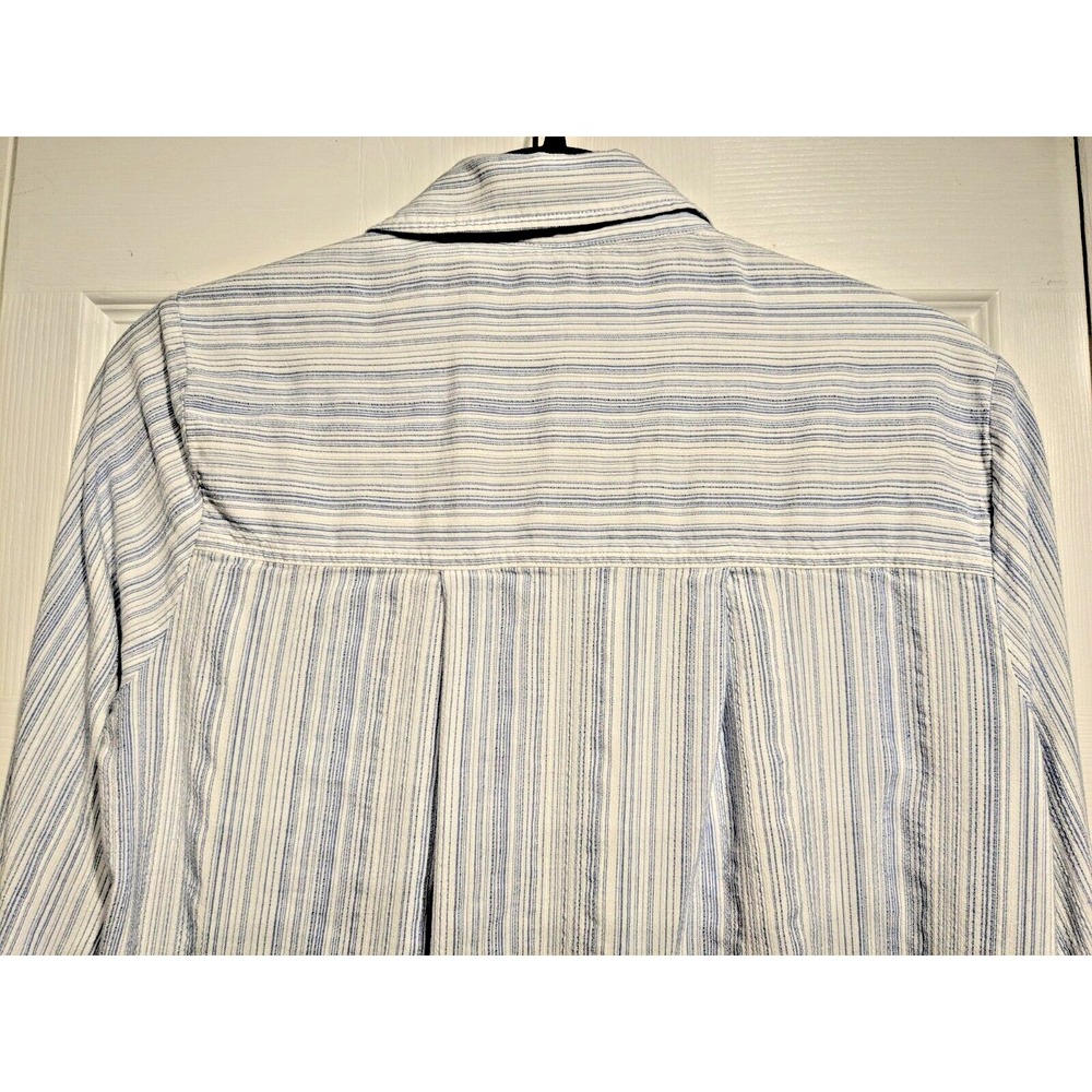 ATHLETA Womens Sz M Blue Stripe Button Pocket Curved Hem Viscose Roll Tab Sleeve - Picture 8 of 16